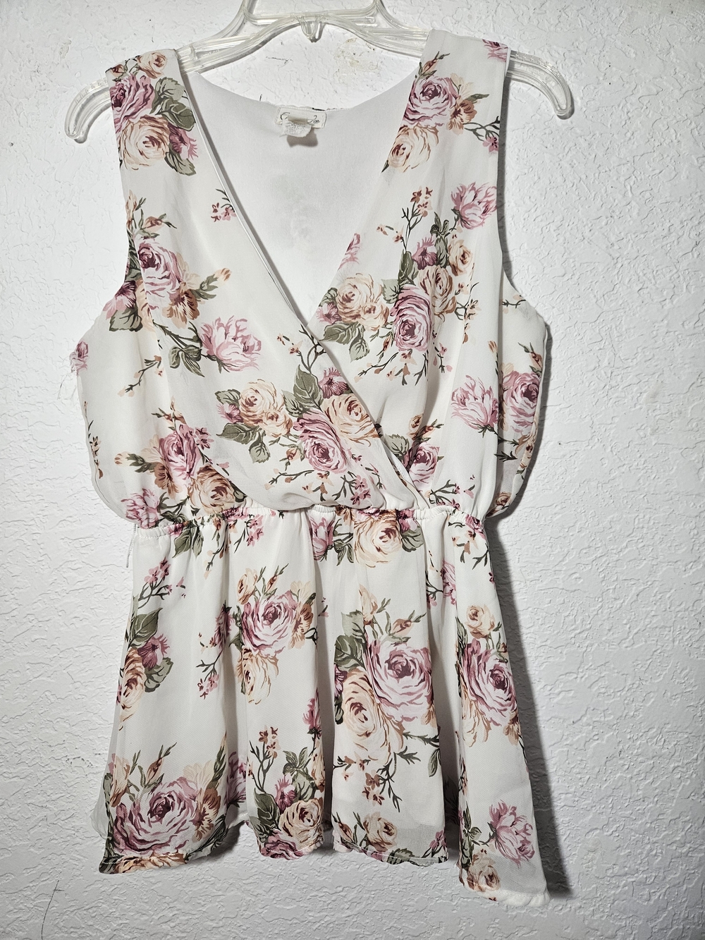 Sleeveless Floral Wrap Blouse in White with Pink Roses